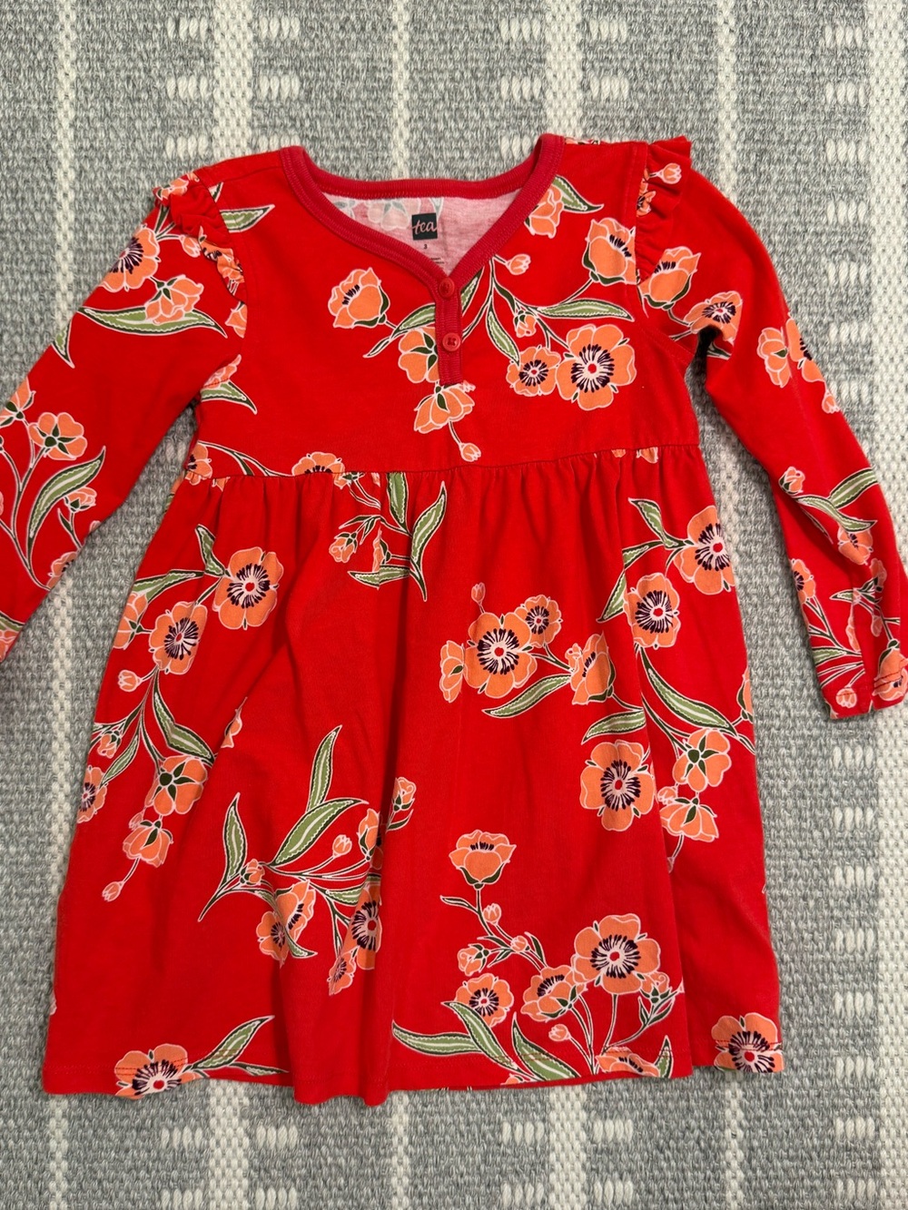 Tea Collection Red Orange Henley Floral Long Sleeve Dress Size 3
